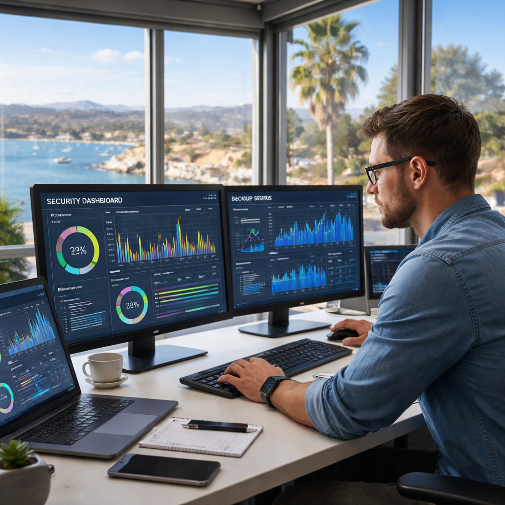 A photorealistic scene of an IT professional reviewing a security dashboard on multiple monitors, showing graphs of patch compliance and backup status, set in a modern Monterey Bay office. Alt: Assessing security posture for ransomware recovery services