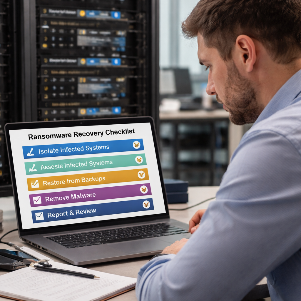 A photorealistic scene of a small business IT manager reviewing a ransomware recovery checklist on a laptop, with a server rack in the background, natural office lighting, realistic style. Alt: ransomware recovery plan components visual.