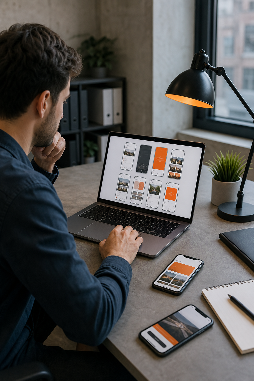 A developer reviewing a mobile app portfolio on a laptop in a modern office, with both iOS and Android phones on the desk showing running applications. Alt: React Native development company portfolio review process.
