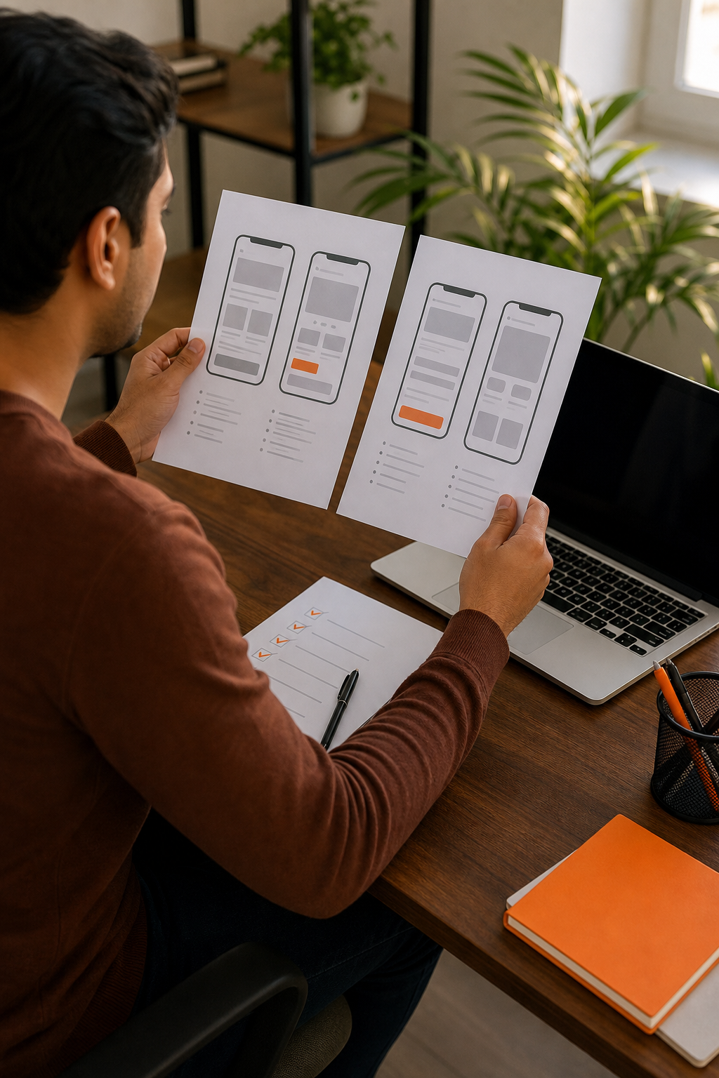 A person at a desk comparing two printed mobile app development proposals side by side, with a checklist on paper and a laptop open, in a natural office setting with warm lighting. Alt: Comparing React Native development company proposals with a checklist.