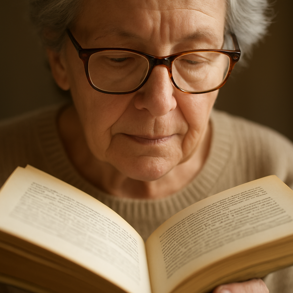 A close‑up of an older adult comfortably reading a book with a pair of stylish reading glasses, soft lighting highlighting the glasses and the text. Alt: reading glasses strength chart by age visual guide