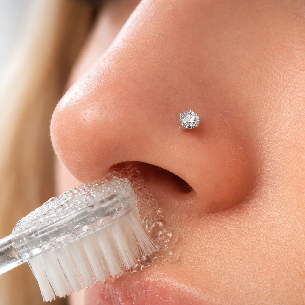 A photorealistic close‑up of a woman's nostril wearing a tiny brilliant‑cut diamond set in 18K white gold, soft natural light highlighting the sparkle, Swiss‑style minimalist background. Alt: Real diamond nose ring being gently cleaned with a soft brush and lukewarm water.