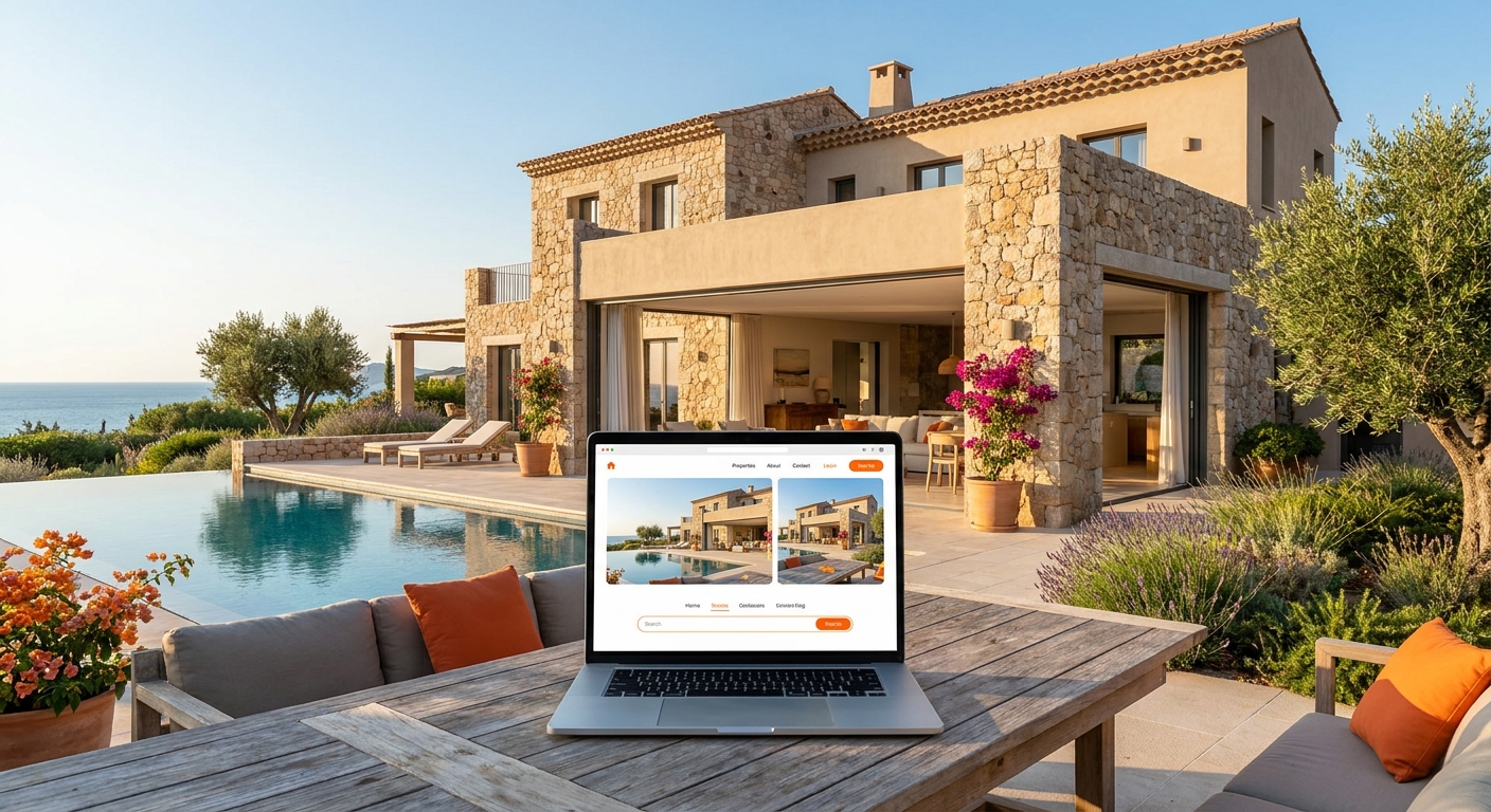 A high‑resolution photo of a modern Mediterranean villa with a sleek website mockup displayed on a laptop, Realism style, alt: luxury real estate website design example
