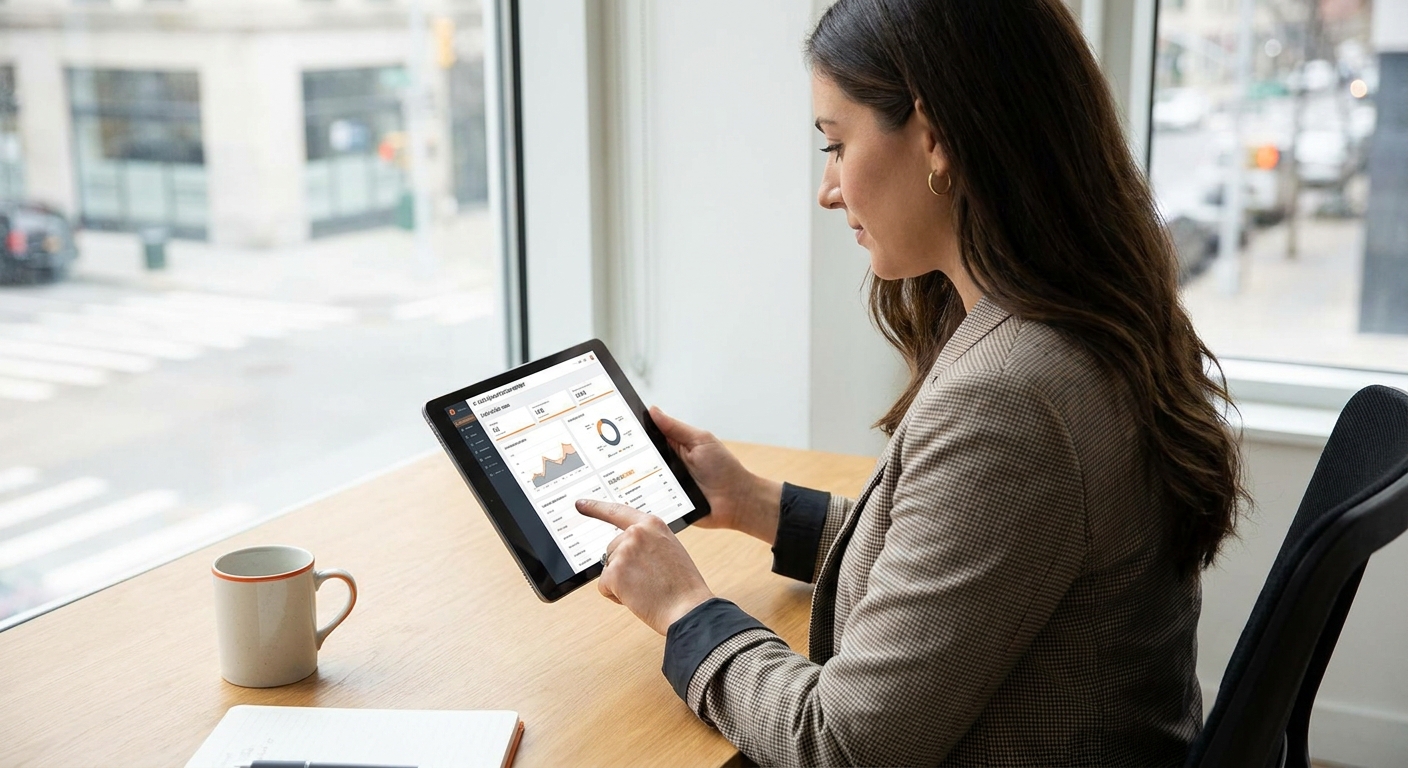 A realistic scene of a real‑estate agent reviewing an AI‑generated lead report on a tablet, Realism style, alt: AI lead qualification for real estate website