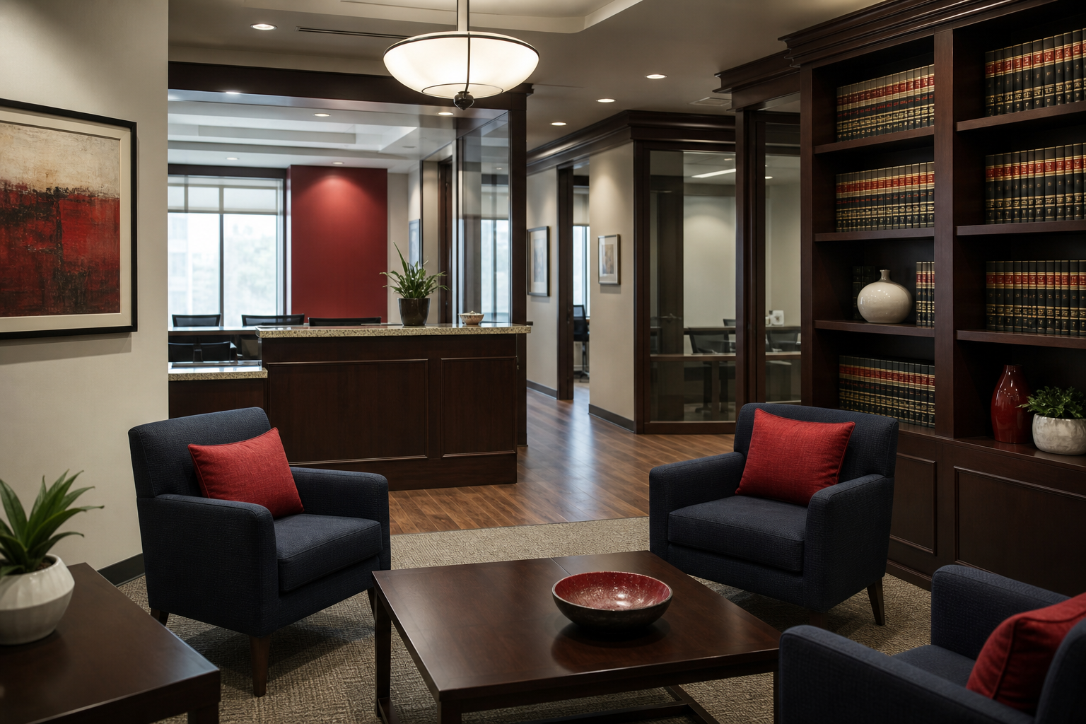 A welcoming law office reception area with warm lighting, comfortable seating, and legal books on shelves, realistic style. Alt: Osuji and Smith Calgary law office interior