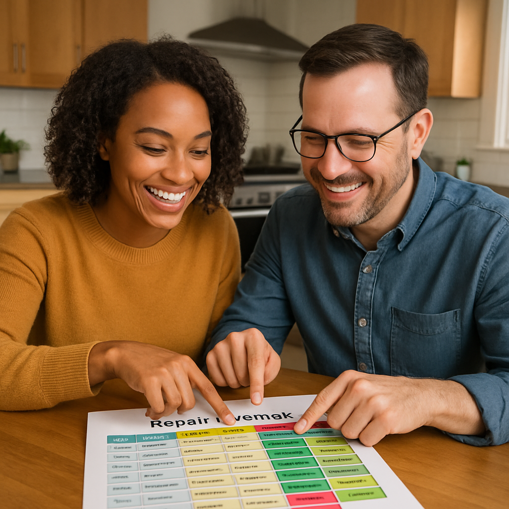 A couple sitting at a kitchen table reviewing a colorful spreadsheet of repair attempts, smiling as they point to successful entries. Alt: couples evaluating repair attempts progress chart