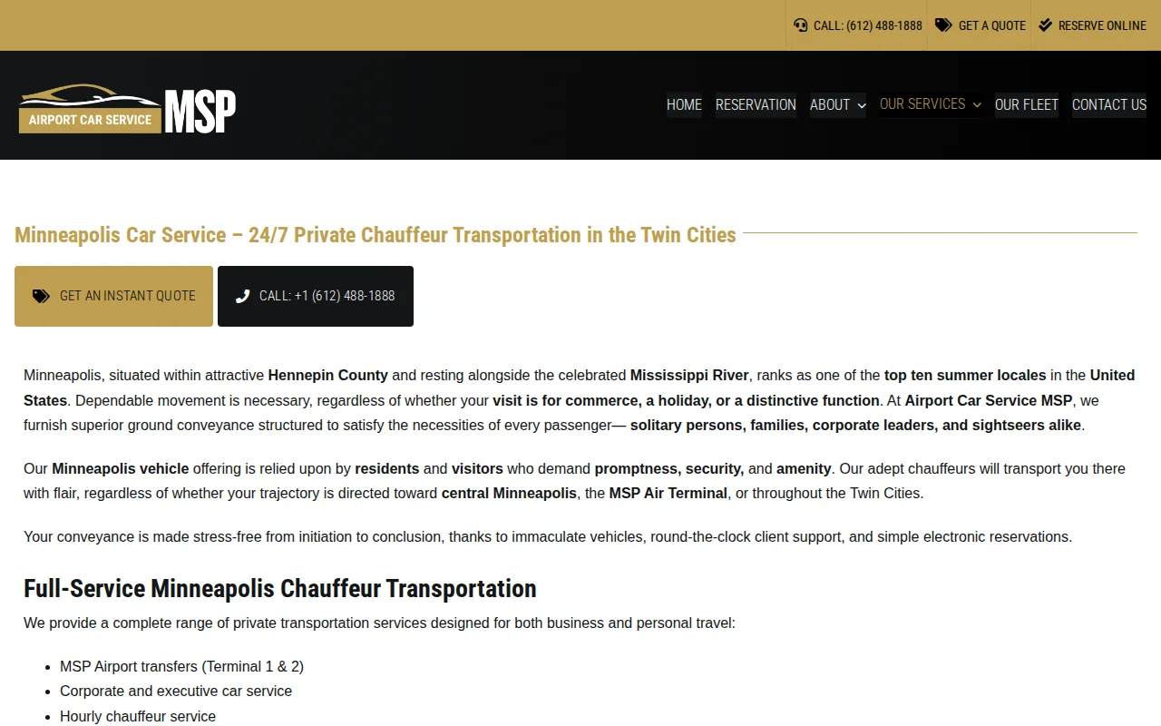 Screenshot of the Airport Car Service MSP website