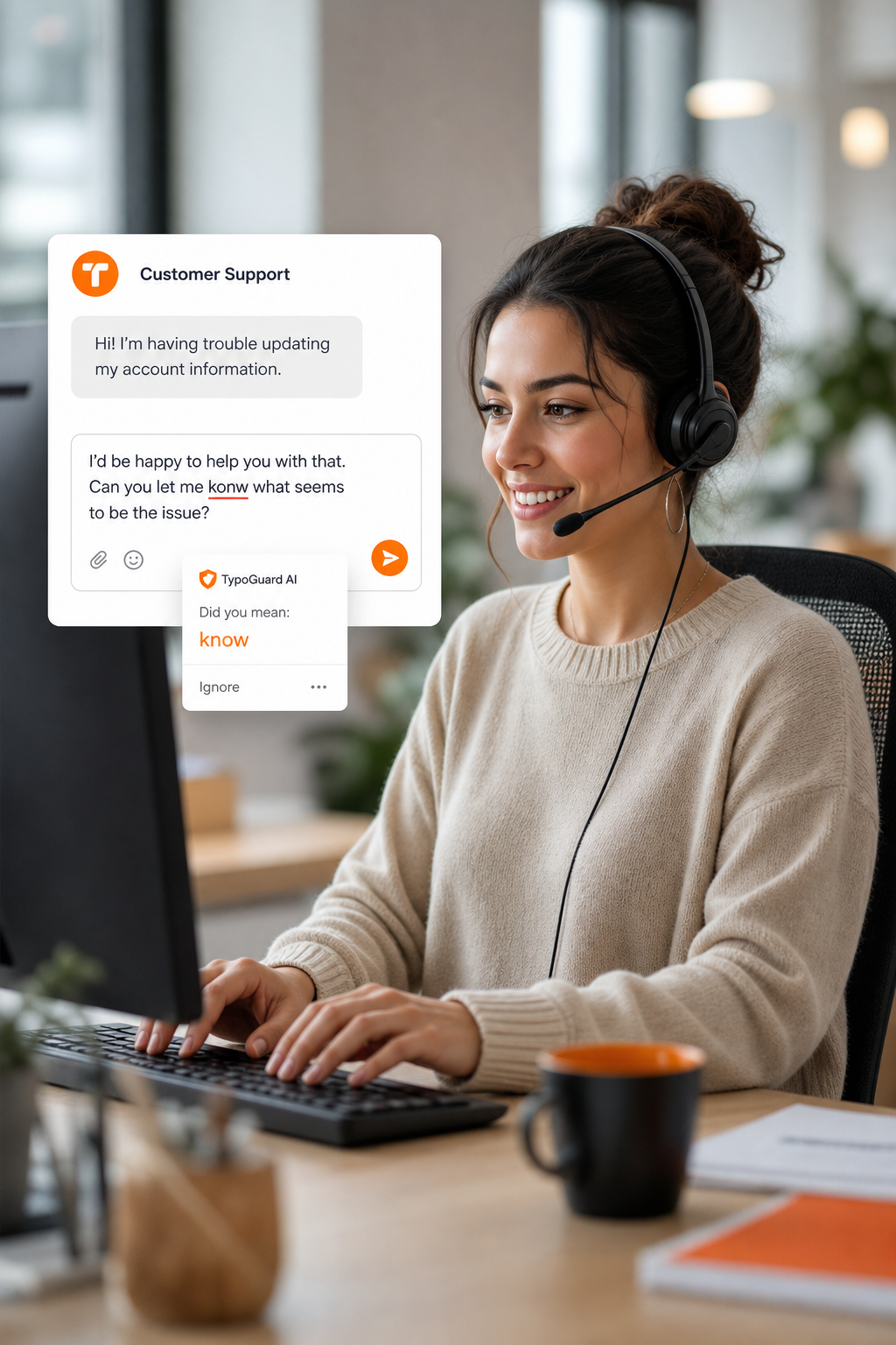 A side‑by‑side photo of a customer support agent typing in a chat window with a red underline showing a typo and a dropdown suggestion, in a bright modern office. Alt: TypoGuard AI Chrome extension showing real‑time typo correction suggestion dropdown in a chat interface.