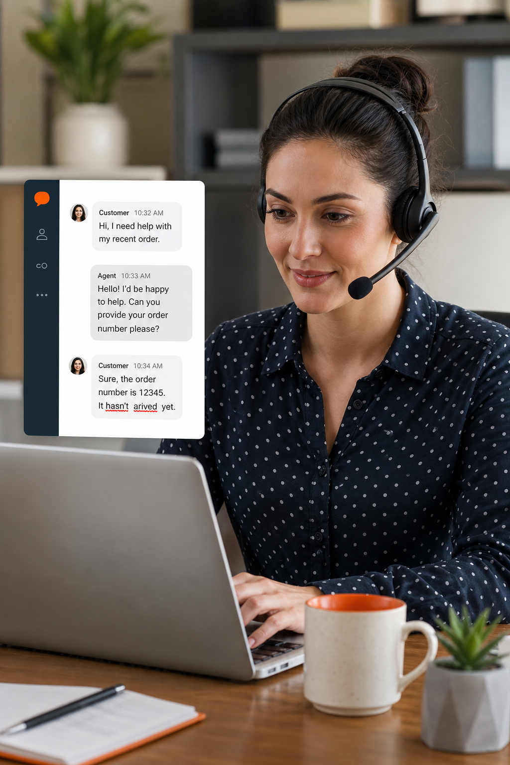 A customer service agent using a laptop with a popular customer messaging platform's chat window open and red underlines on a typo, with a clean desk and headset. Alt: Customer messaging platform chat interface showing typo correction underlines in real time.