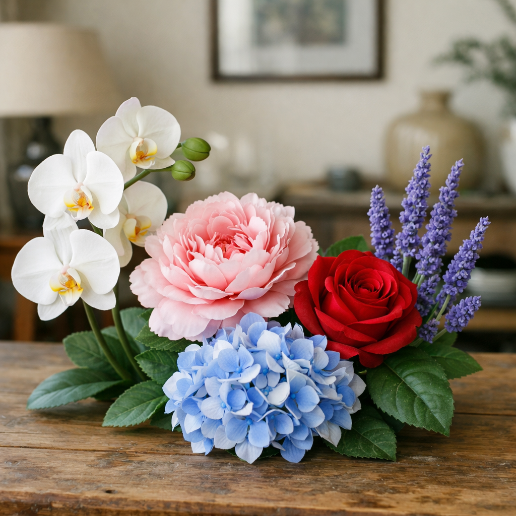 A photorealistic arrangement of a white orchid, pink peony, classic red rose, blue hydrangea, and lavender spikes on a wooden table. Alt: realistic silk flowers UK variety displayed in a home setting