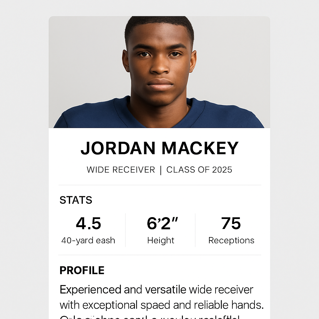 A high‑resolution mockup of an athlete’s personal recruiting profile page with stats and headshot. Alt: recruiting email example athlete profile