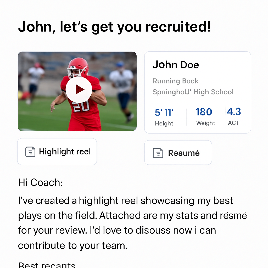 A high‑school athlete’s recruiting email displaying a thumbnail of a highlight reel, a stats graphic, and a tiny résumé attachment. Alt: recruiting email example with visual attachments that boost coach engagement.