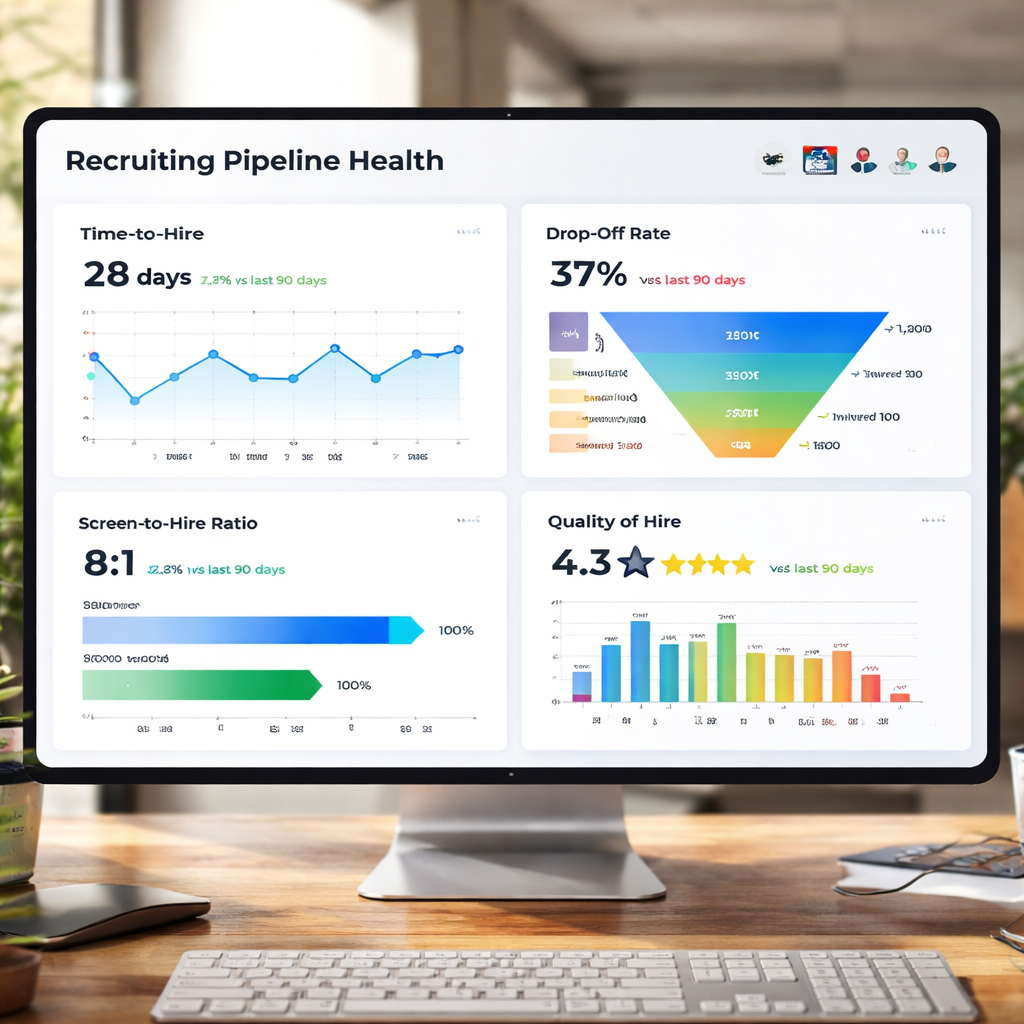 A realistic dashboard view showing time‑to‑hire, drop‑off rate, screen‑to‑hire ratio, and quality of hire charts for a staffing agency. Alt: recruiting pipeline health metrics dashboard