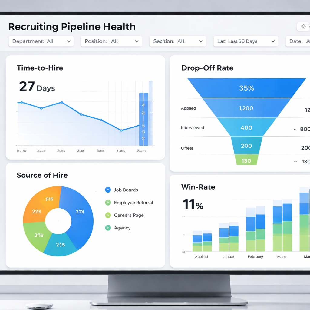 A realistic illustration of a recruitment dashboard built in a BI tool, showing charts for time‑to‑hire, drop‑off, source‑of‑hire, and win‑rate. Alt: recruiting pipeline health dashboard visual