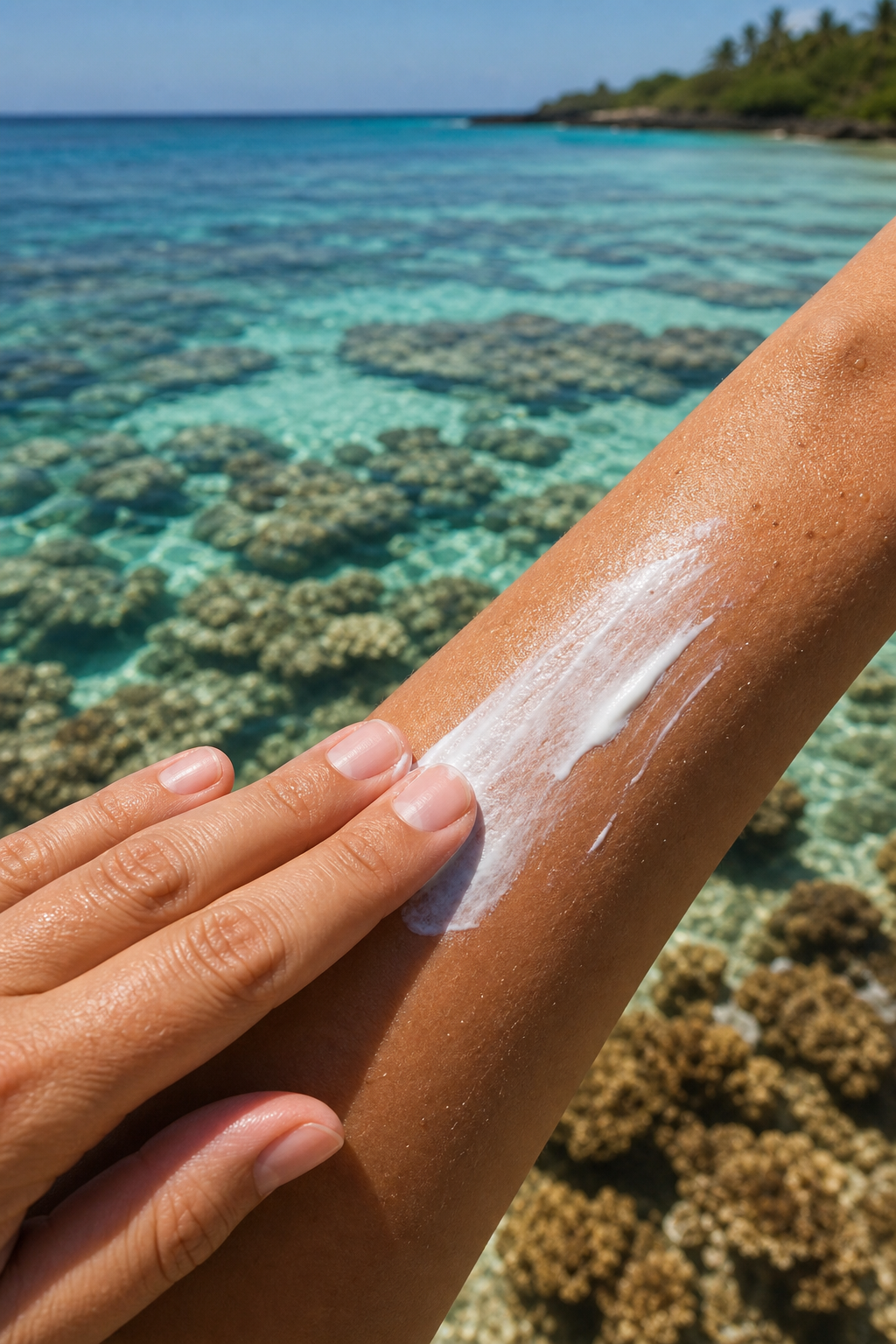 A photorealistic close-up of a hand applying a white mineral sunscreen cream to a sun-kissed forearm near a tropical beach shoreline, with turquoise ocean water and coral visible underwater in the background. Alt: reef safe non-nano zinc mineral sunscreen applied to skin near coral reef.