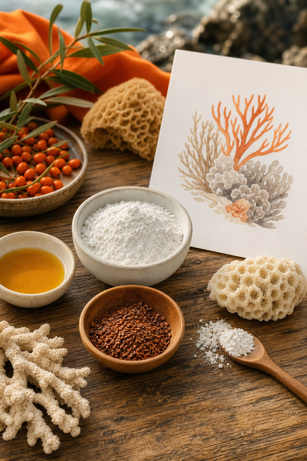 A flat-lay editorial photo of a wooden table outdoors with natural sunscreen ingredients , small bowls of zinc oxide powder, raspberry seed oil, and dried microalgae , alongside a reef and coral illustration card. Warm natural lighting, orange accents. Alt: how to choose reef safe sunscreen ingredients zinc oxide and plant oils buyer guide.