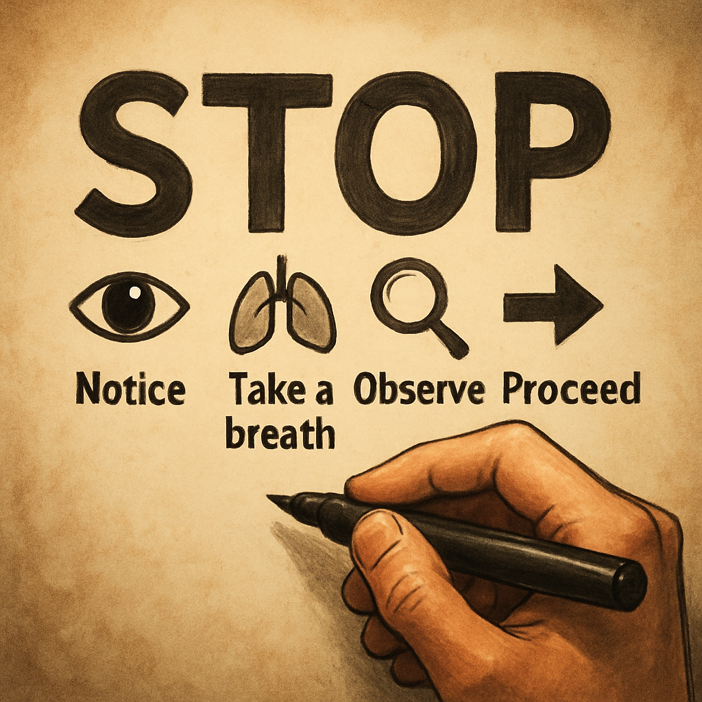 A hand drawing the STOP acronym in bold letters, with each letter linked to a tiny icon – eye for Notice, lung for Take a breath, magnifying glass for Observe, arrow for Proceed. Alt: STOP technique quick reset guide for clinicians to reframe negative thoughts examples.