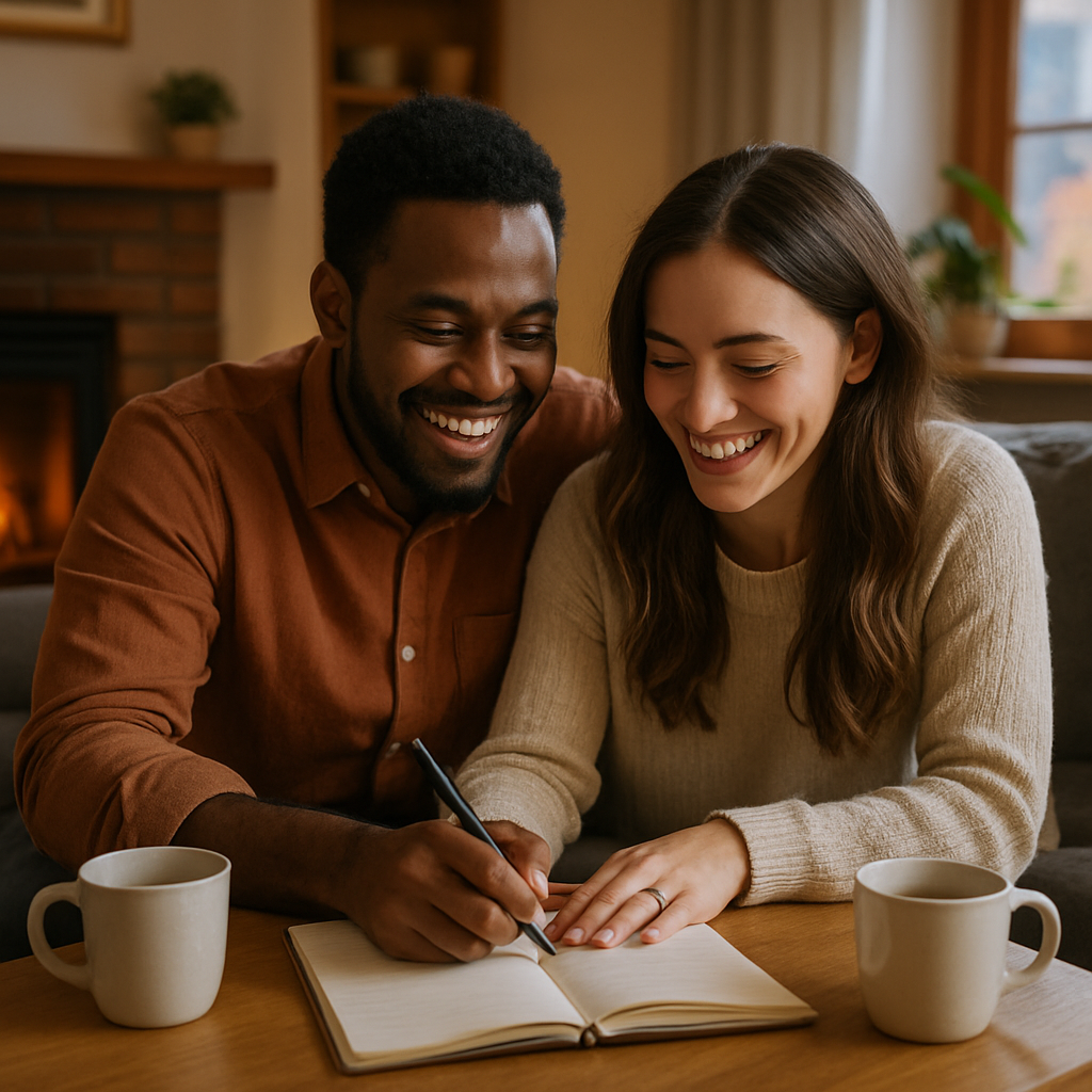A cozy living room scene where a couple sits at a coffee table with a notebook, smiling while writing shared goals. Alt: couple identifying shared relationship goals during a check-in session