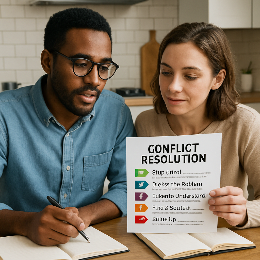 A couple sitting at a kitchen table with notebooks, calmly discussing a conflict resolution chart. Alt: couple reviewing conflict resolution strategies together.