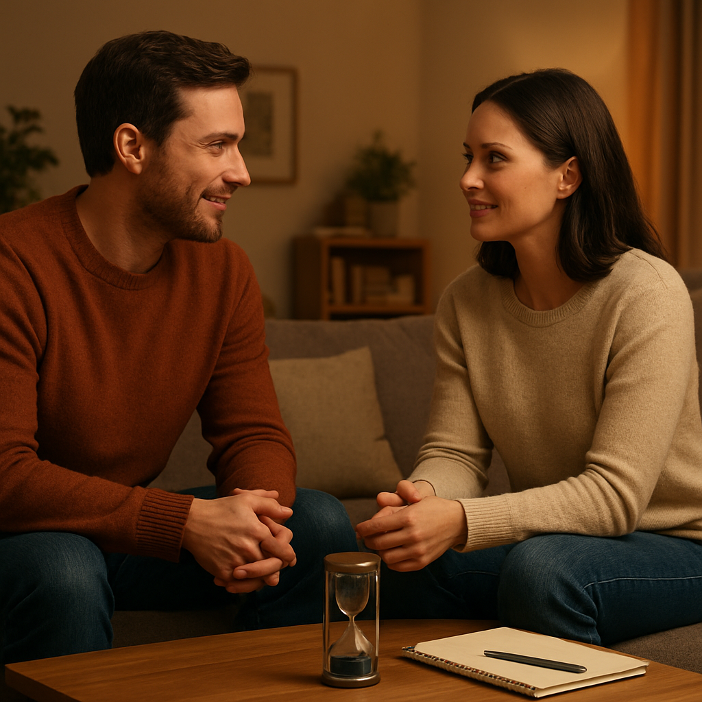 A cozy living room scene with a couple sitting opposite each other, a timer on the table, soft lighting, and a notebook beside them. Alt: Active listening drill for couples, relationship communication exercises.