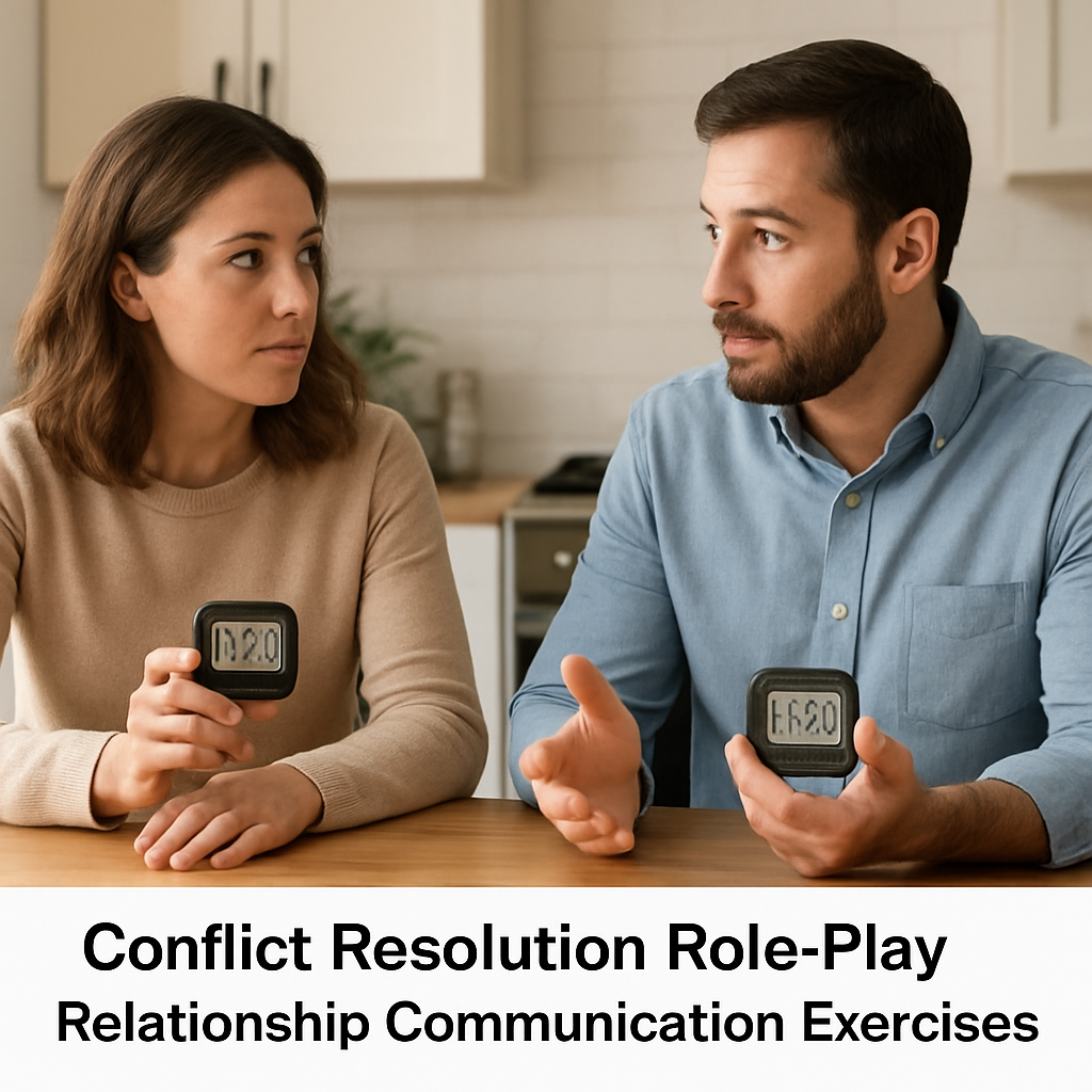 A couple sitting at a kitchen table role‑playing a conflict resolution exercise, both holding a timer and looking attentive. Alt: conflict resolution role‑play relationship communication exercises