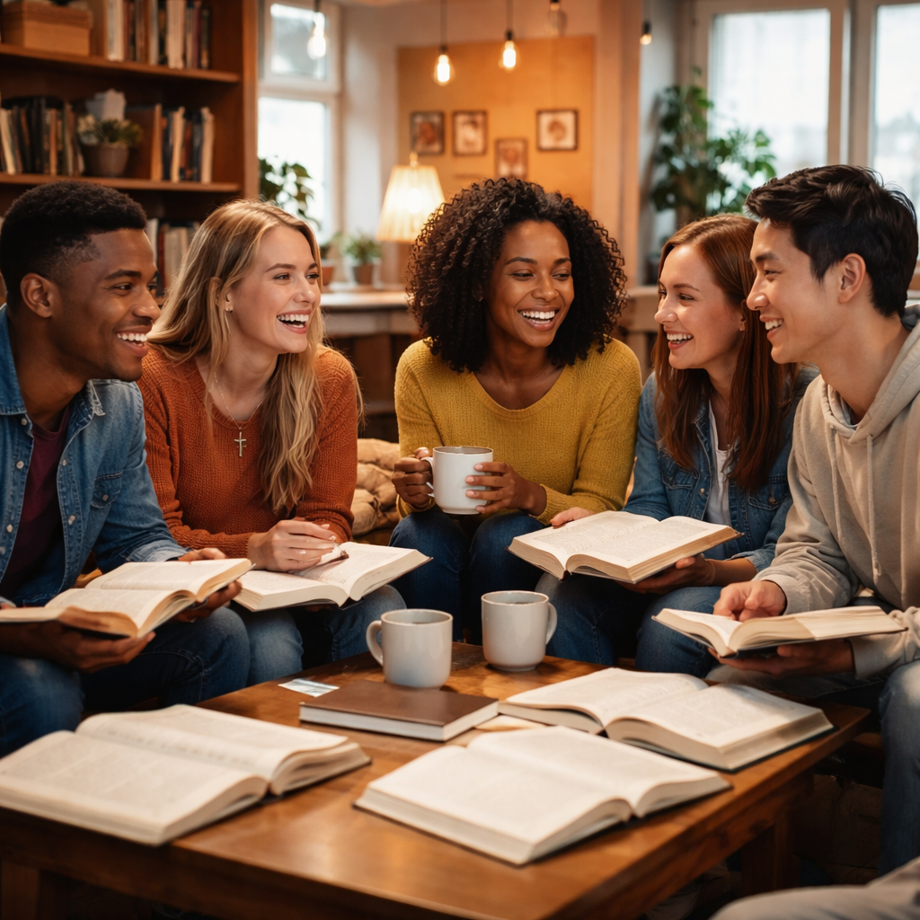 A photorealistic scene of diverse Christian college students collaborating in a dorm common room, with coffee cups and Bibles open, warm lighting, inviting atmosphere. Alt: Faith-first social circle on campus.