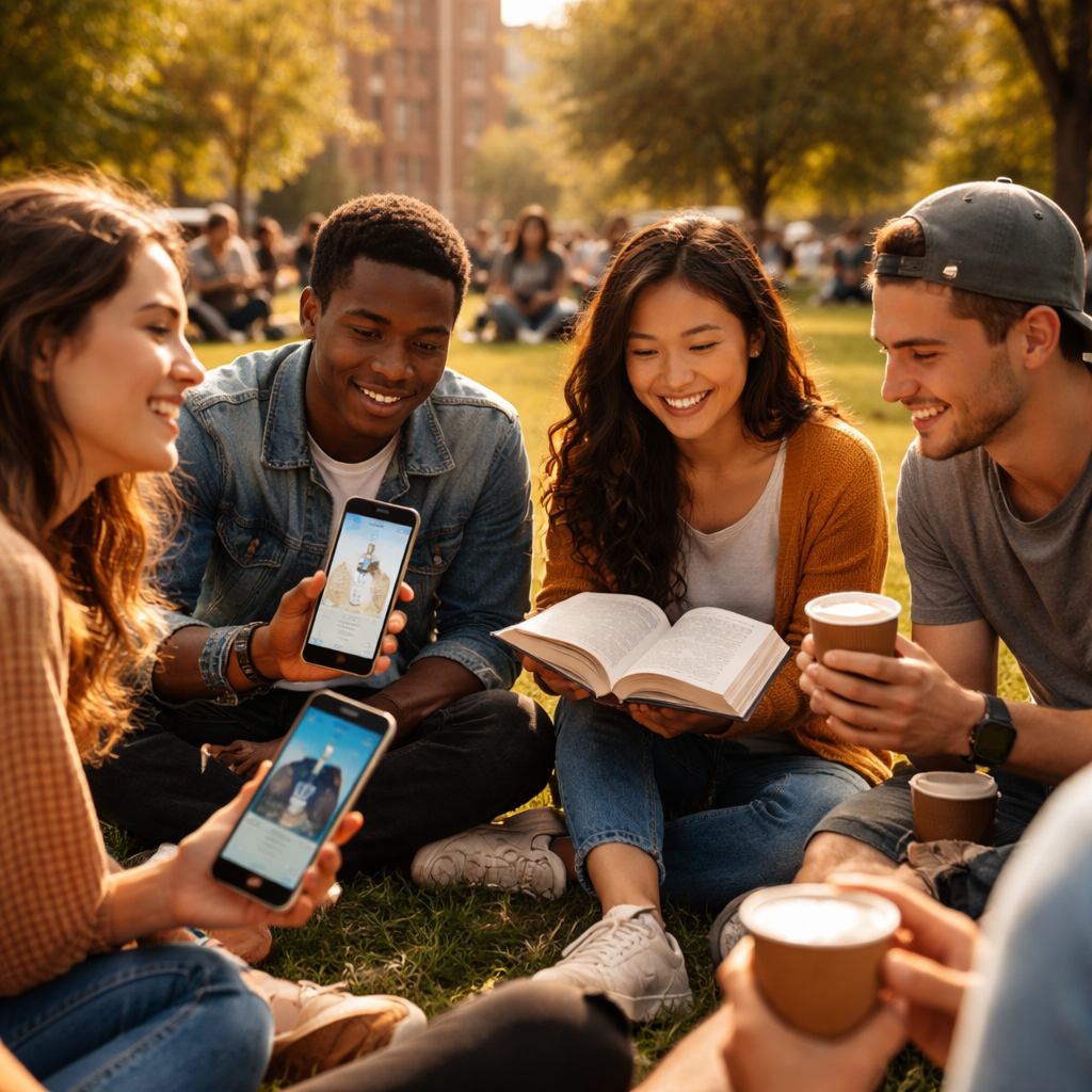A photorealistic scene of a diverse group of college students sitting on a campus lawn, some holding smartphones showing a Christian social media app, while others share coffee and a Bible, warm sunlight, realistic lighting, realism style
