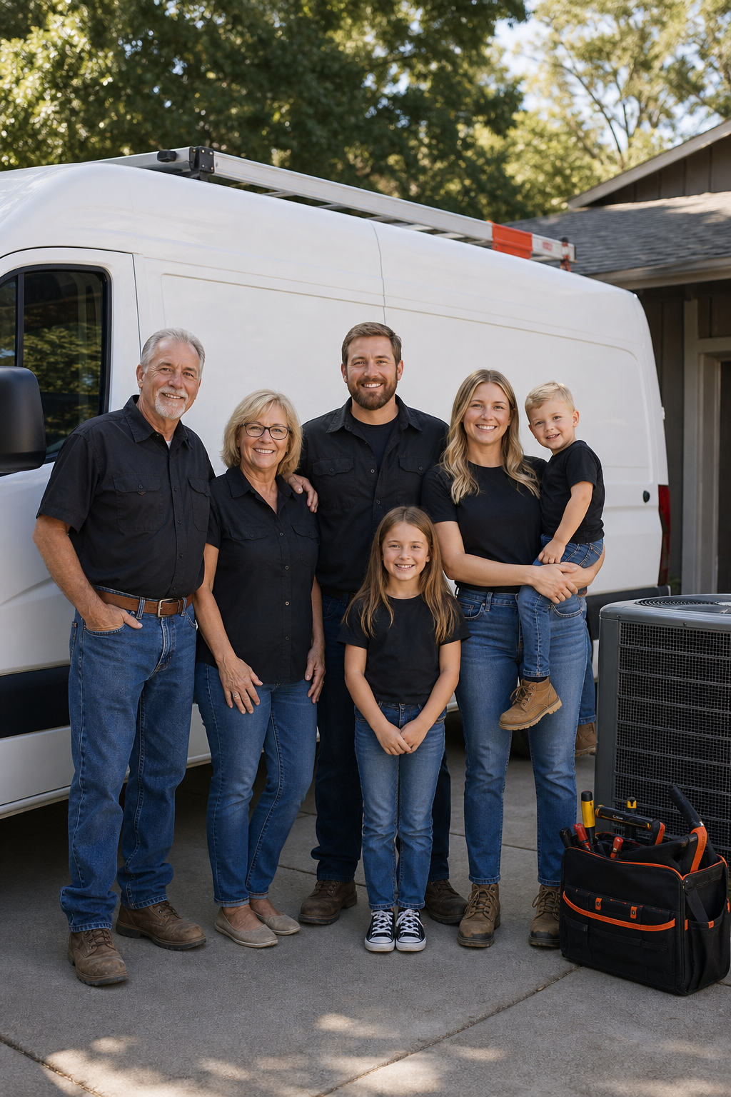 A photorealistic image of a multigenerational family standing together in front of a van with a heating and cooling logo, in a driveway setting. Alt: Family-owned HVAC company in Grass Valley CA