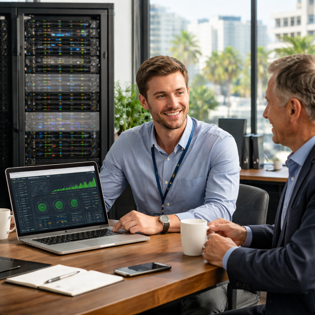 A photorealistic scene of a small Bay Area office with a server rack, a laptop displaying a monitoring dashboard, and a friendly IT technician consulting with a business owner over coffee. Alt: Managed IT services for Bay Area SMBs in a realistic office setting.