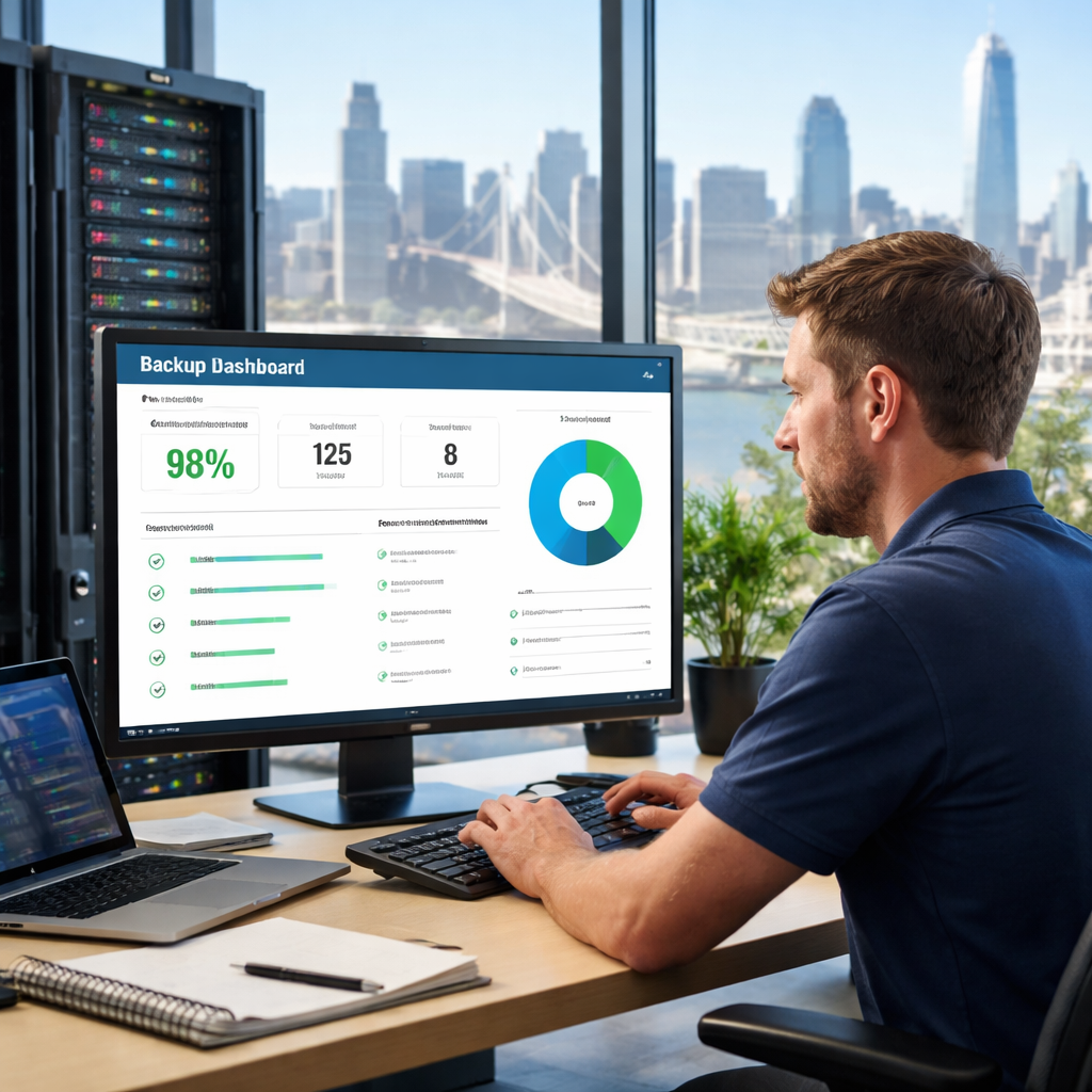 A photorealistic scene of an IT technician in a modern Bay Area office reviewing a backup dashboard on a large monitor, with a server rack in the background and a view of the San Francisco skyline through floor‑to‑ceiling windows. Alt: Realistic image of backup and disaster recovery planning for Bay Area SMBs.