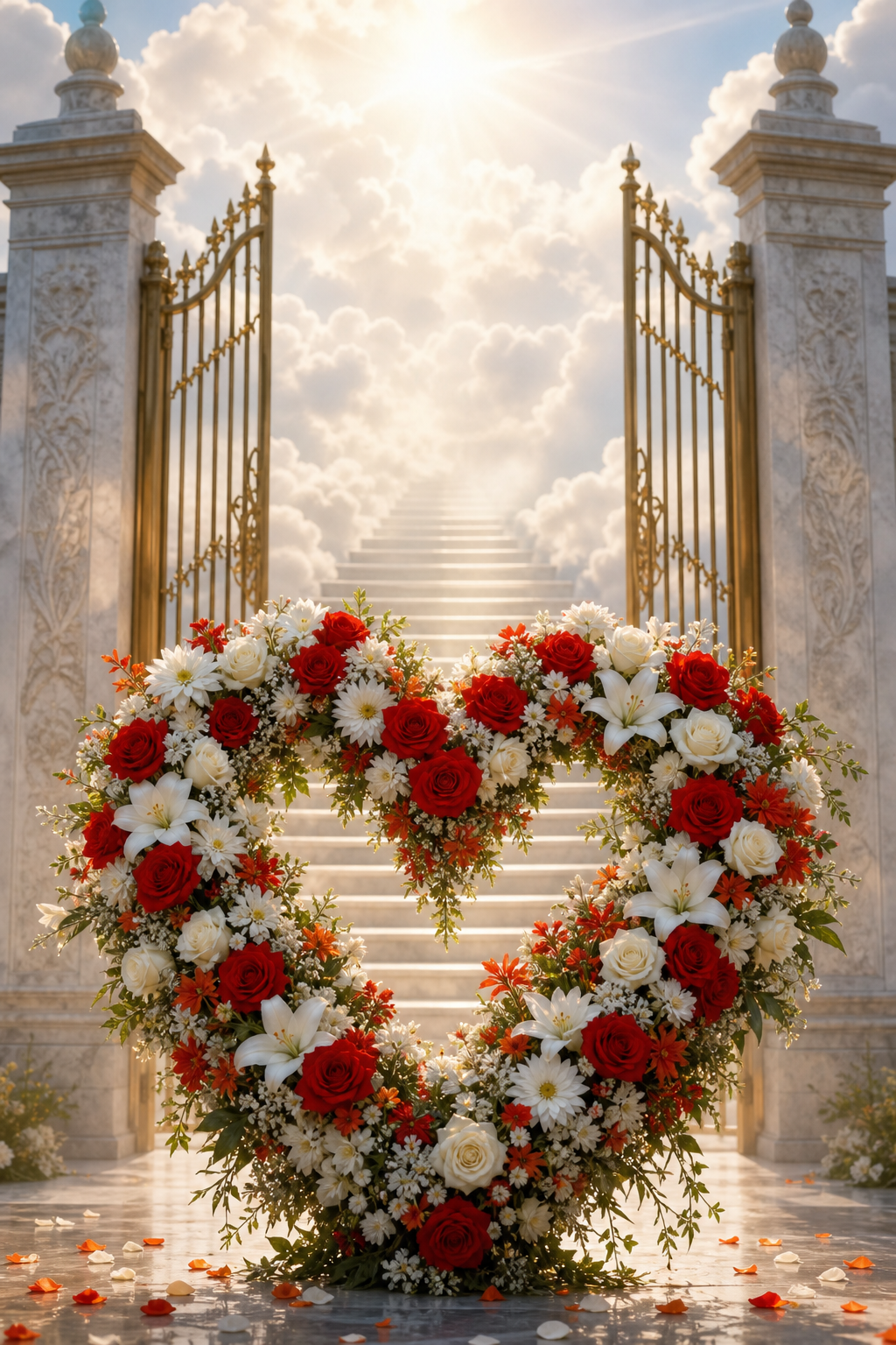 A heart-shaped arrangement of red and white flowers at a symbolic gates of heaven, with soft light filtering through, symbolizing eternal remembrance. Alt: Heart-shaped remembrance tribute at gates of heaven.