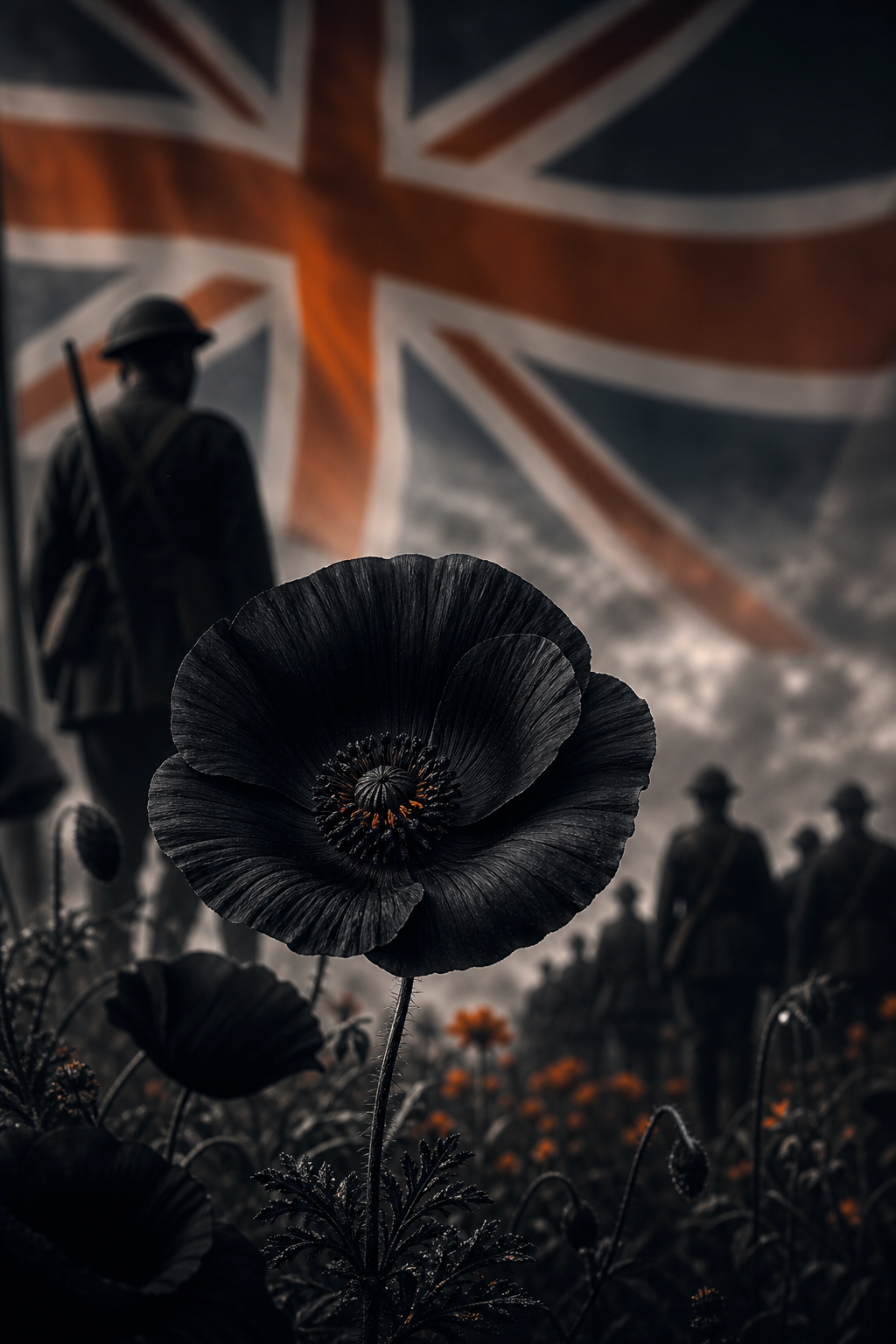 A black poppy with a subtle Union Jack background, symbolizing remembrance of Black and African diaspora contributions in war. Alt: Black poppy remembrance day black communities war.