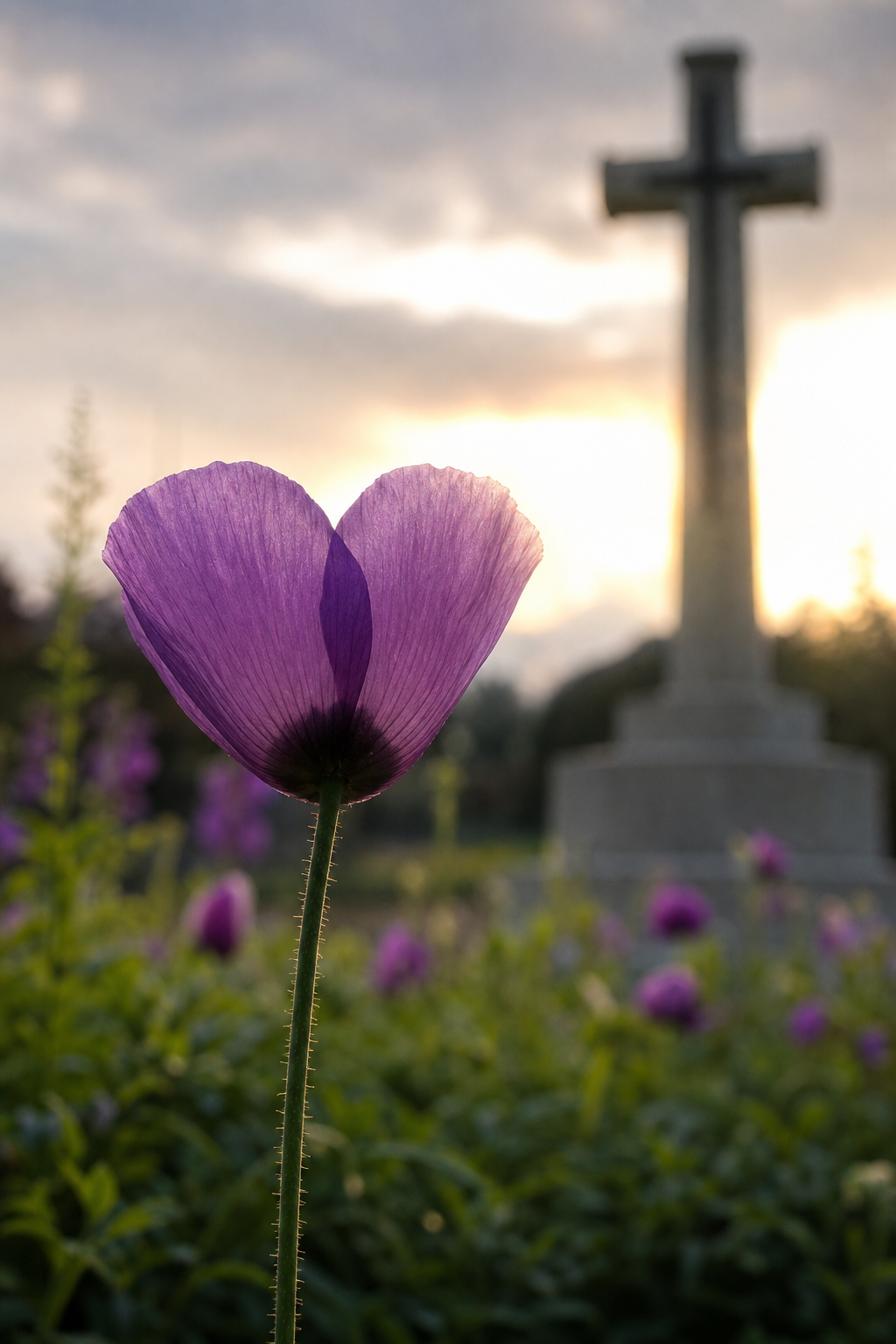 A purple heart-shaped poppy flower in a garden, with a subtle memorial cross in the background, symbolizing remembrance of animals in war, gates of heaven.