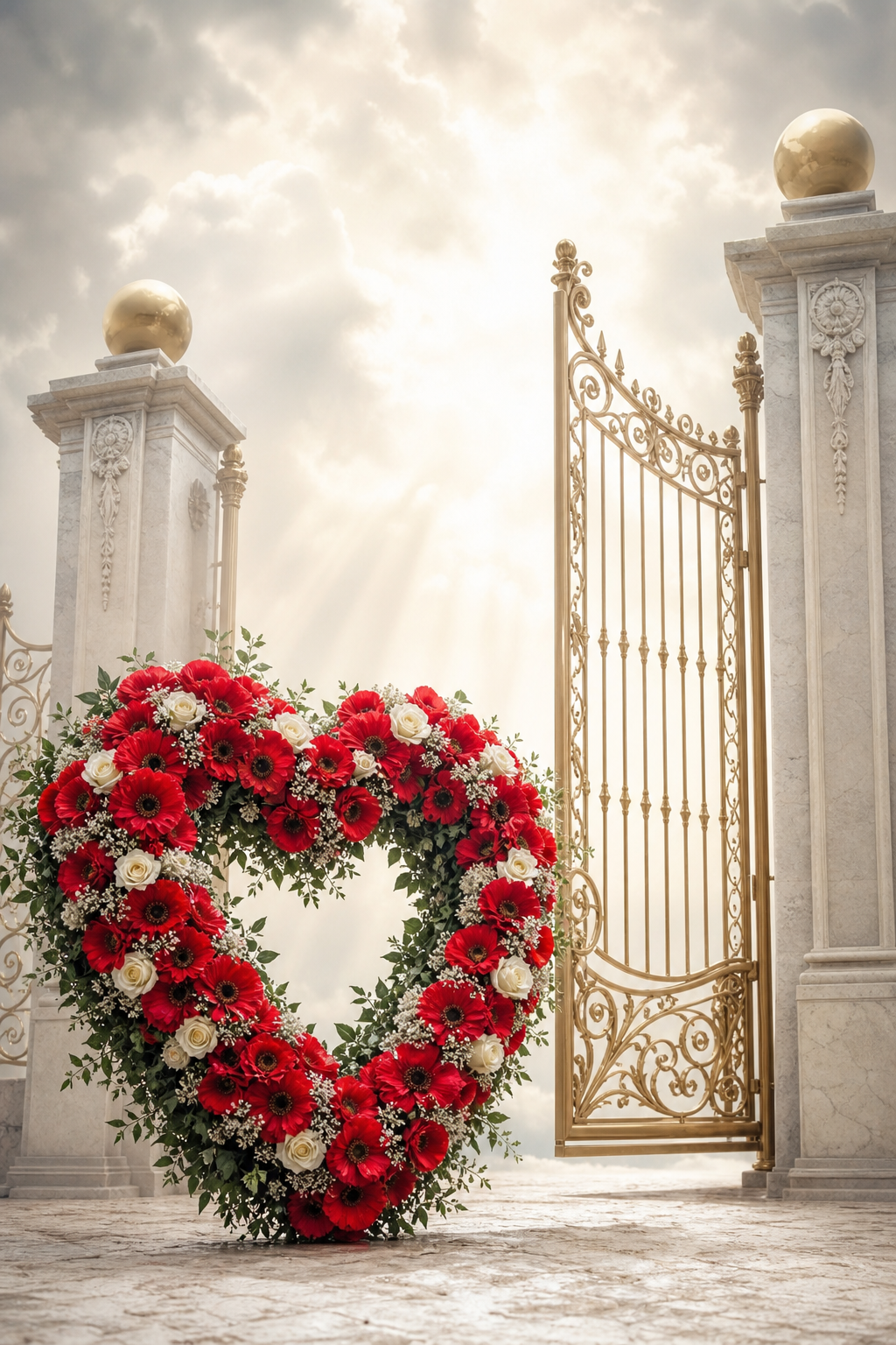 Heart shaped remembrance flower tribute at gates of heaven