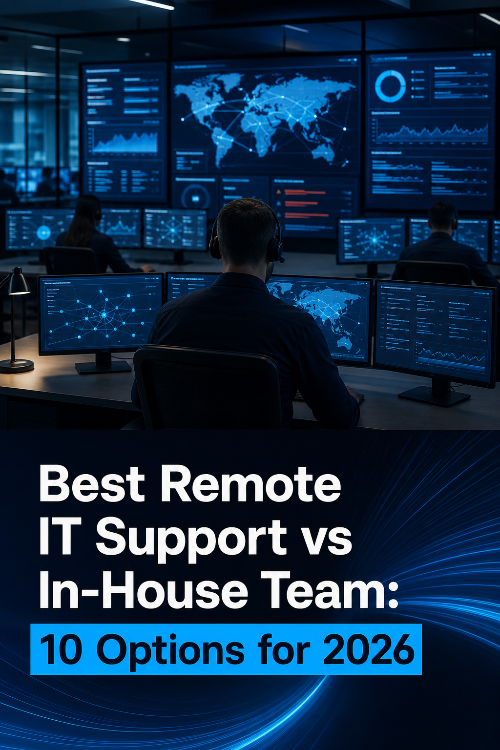 A cinematic shot of a security operations center with multiple monitors displaying network traffic and threat alerts, in blue and dark tones. Alt: Cybersecurity operations center monitoring network threats