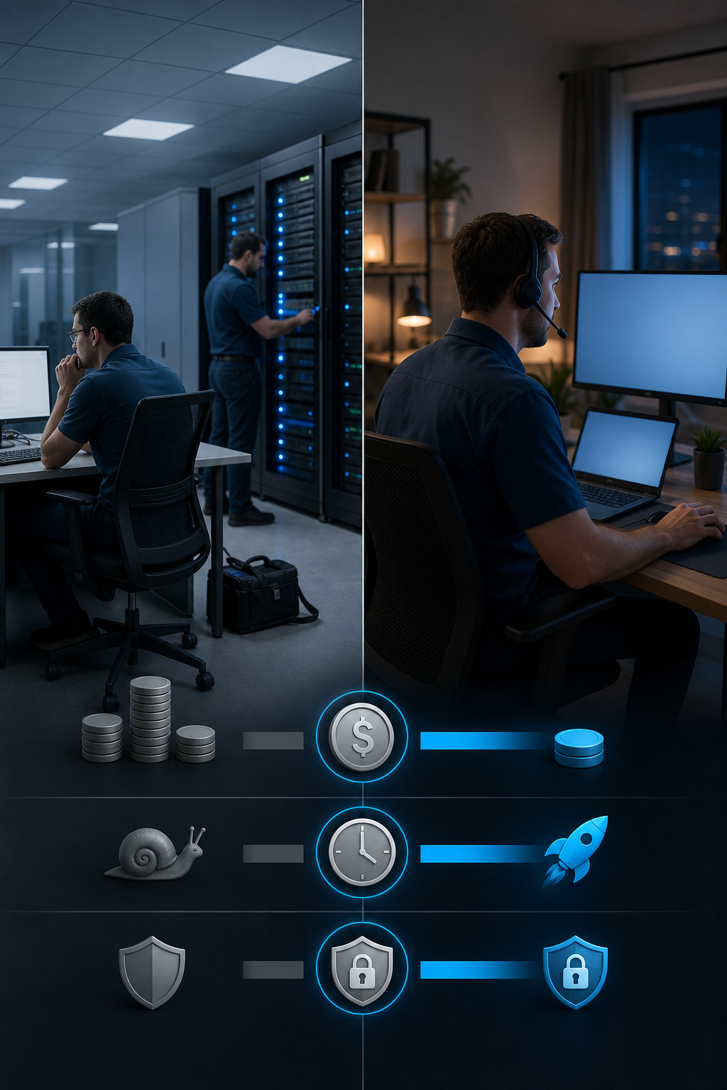 A split-screen infographic comparing a physical in-house IT department on one side and a remote support team on the other, with icons for cost, speed, security. Alt: Comparison infographic remote IT support vs in-house IT team decision factors