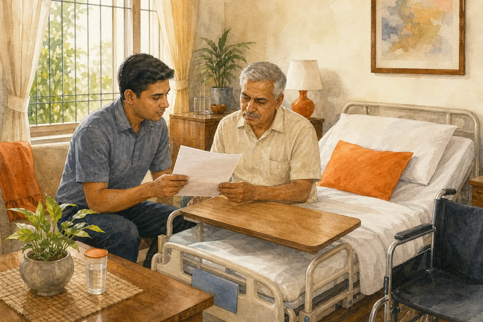 Family caregiver reviewing a home medical equipment rental contract beside a hospital bed in India.