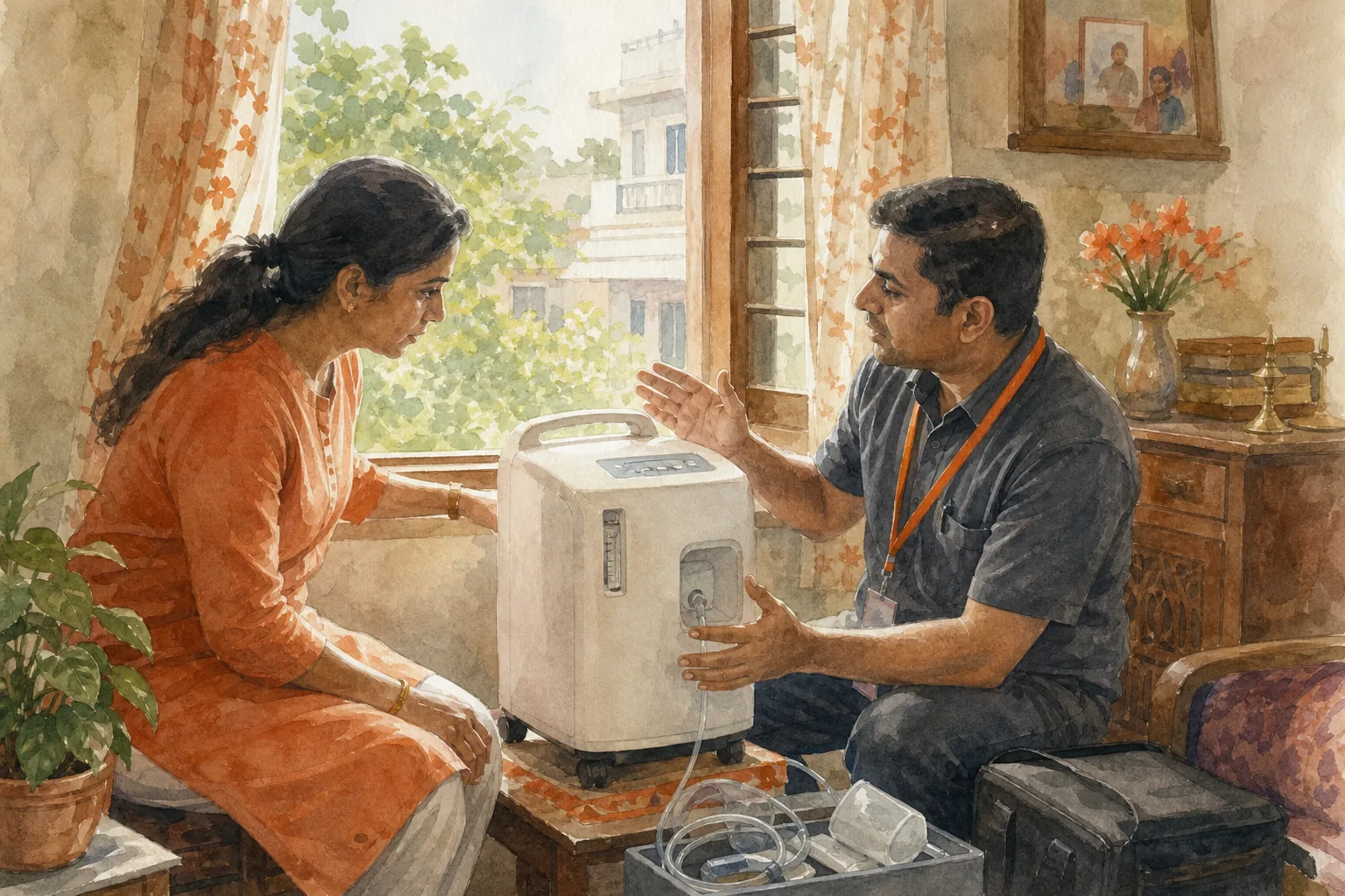 Caregiver learning safe home medical equipment care during a rental handover in India.
