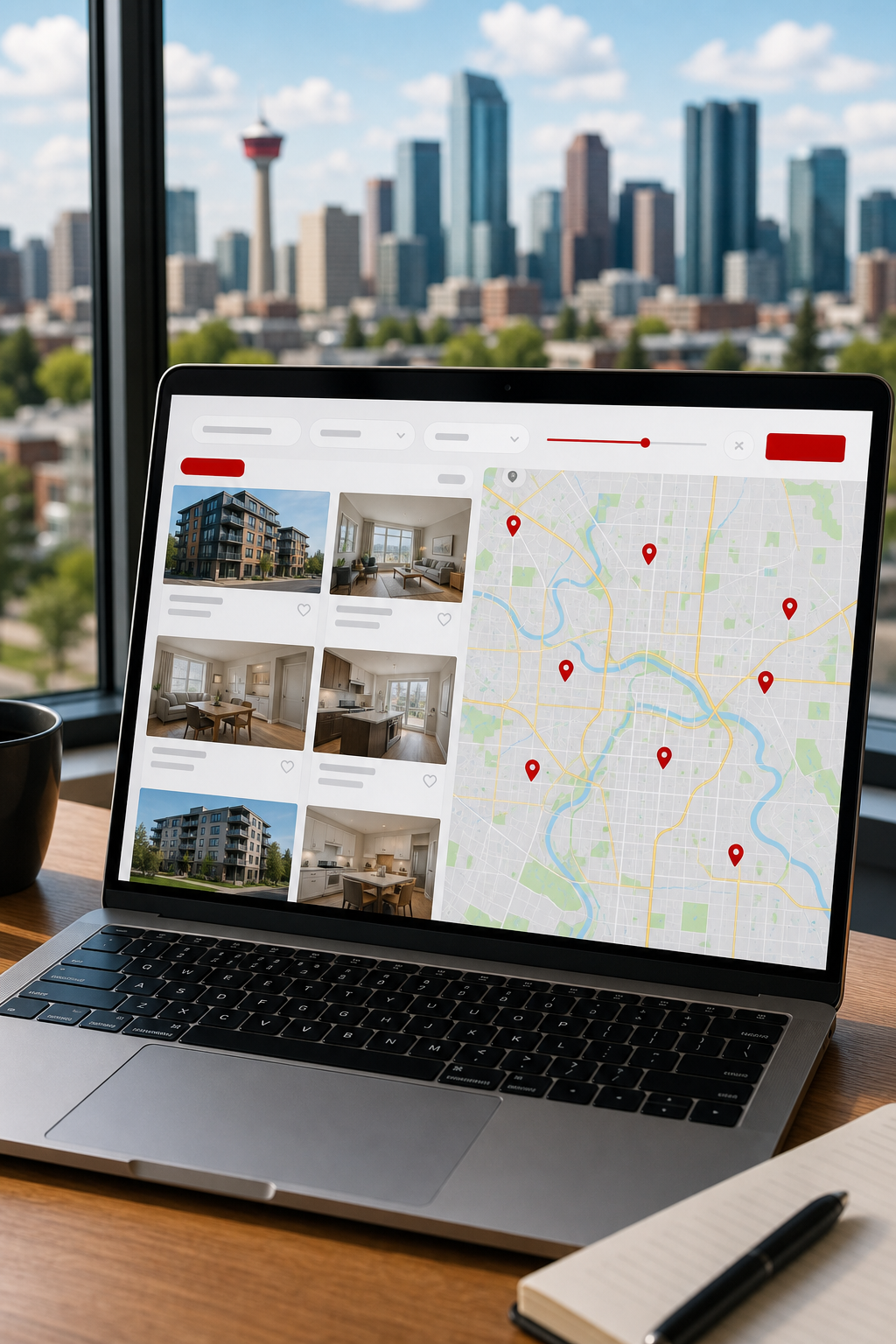 A realistic view of a laptop screen showing a Calgary rental search interface, with a map of the city and property thumbnails. Alt: Calgary rental search interface