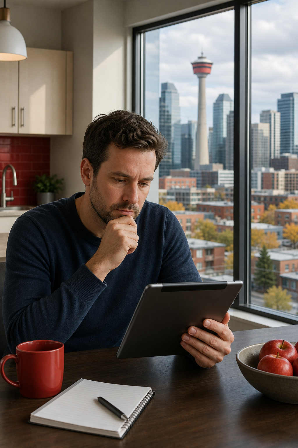 A photorealistic scene of a renter reviewing a mortgage offer on a tablet at a kitchen table, with Calgary skyline visible through the window. Alt: Calgary renter evaluating mortgage options