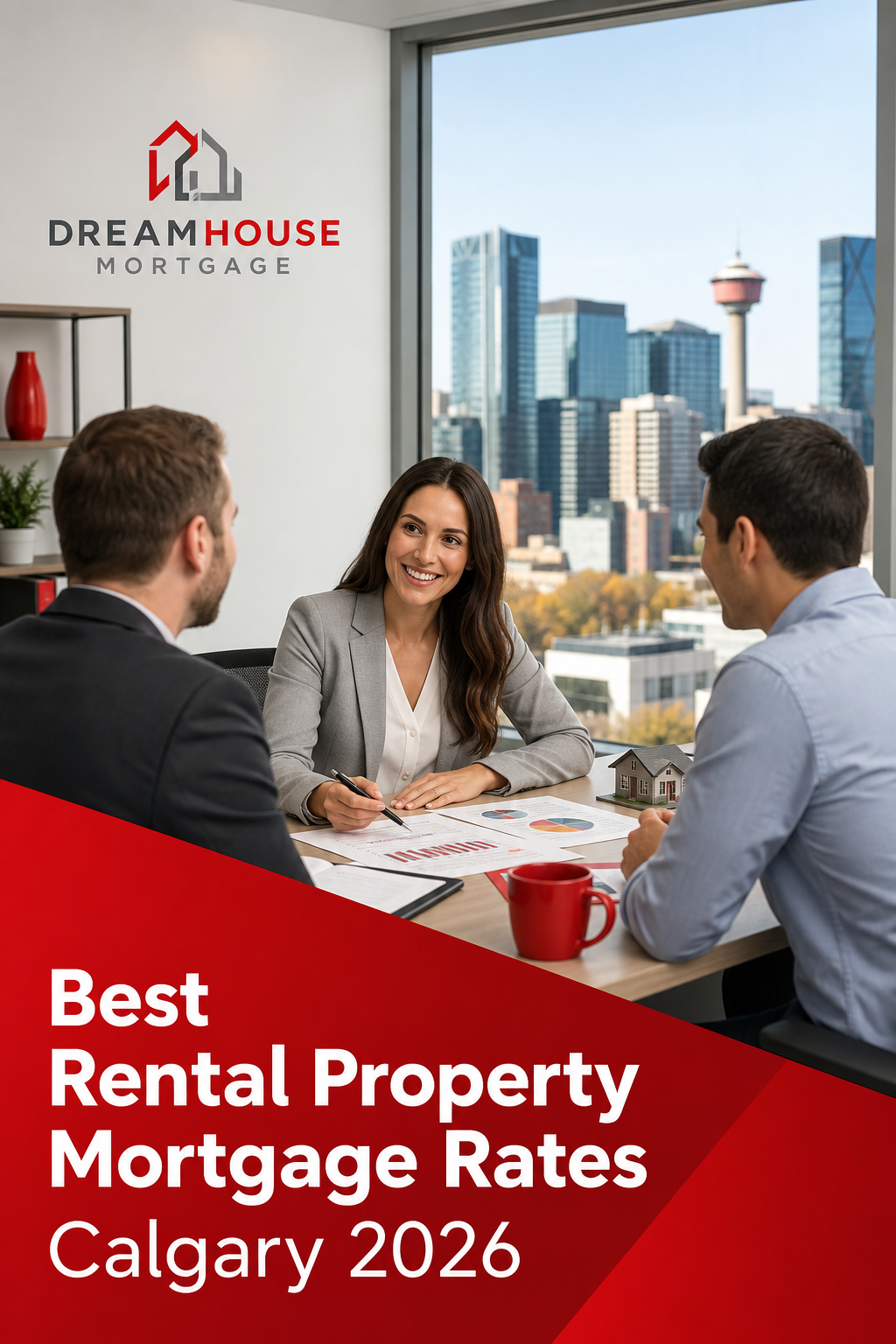 A photorealistic image of a modern Calgary skyline with a mortgage broker meeting investors in a bright office, documents on a table. Alt: DreamHouse Mortgage Calgary office discussing rental property mortgage rates