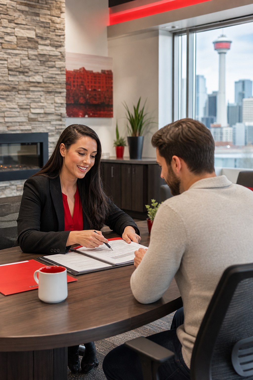 A realistic photo of a modern financial branch in Calgary with a mortgage advisor and client, showing a warm, community-focused atmosphere. Alt: Mortgage advisor in Calgary helping with rental property financing