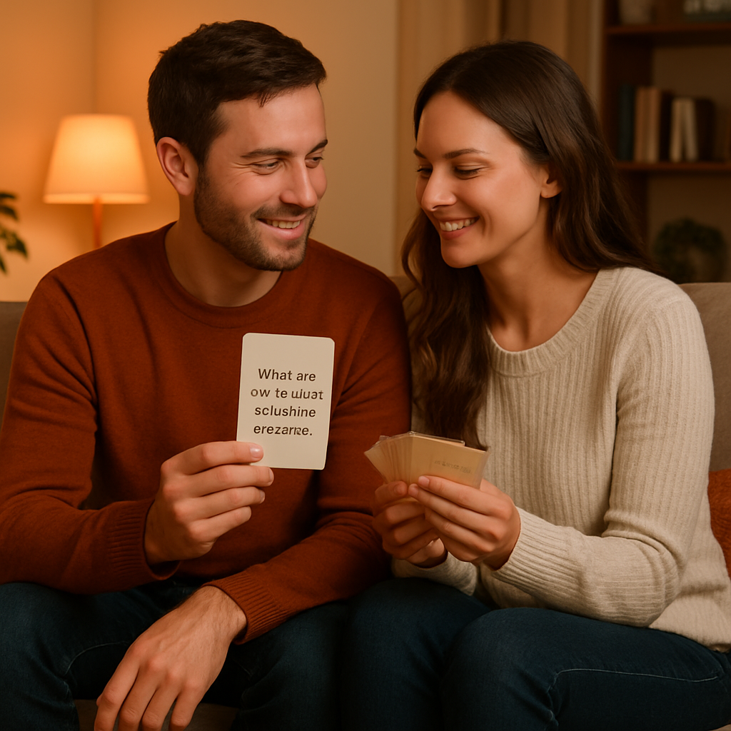 A cozy living‑room scene with two partners sitting on a sofa, holding a deck of conversation cards, soft lighting, warm colors. Alt: Gentle opening questions for couples fostering connection