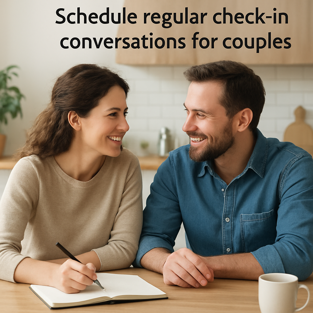 A cozy couple sitting at a kitchen table with a notebook, smiling as they discuss their weekly check‑in. Alt: schedule regular check‑in conversations for couples