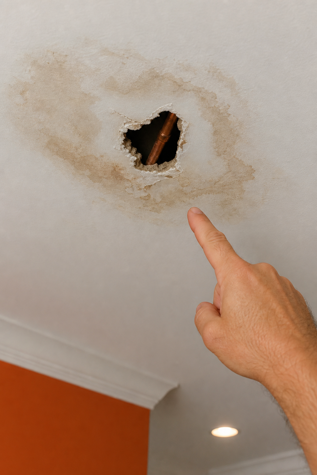 A close-up of a homeowner's hand pointing at a water stain on a drywall ceiling, with a copper pipe visible through a small hole. Alt: Water stain on ceiling indicating a pipe leak in an Aliso Viejo home.
