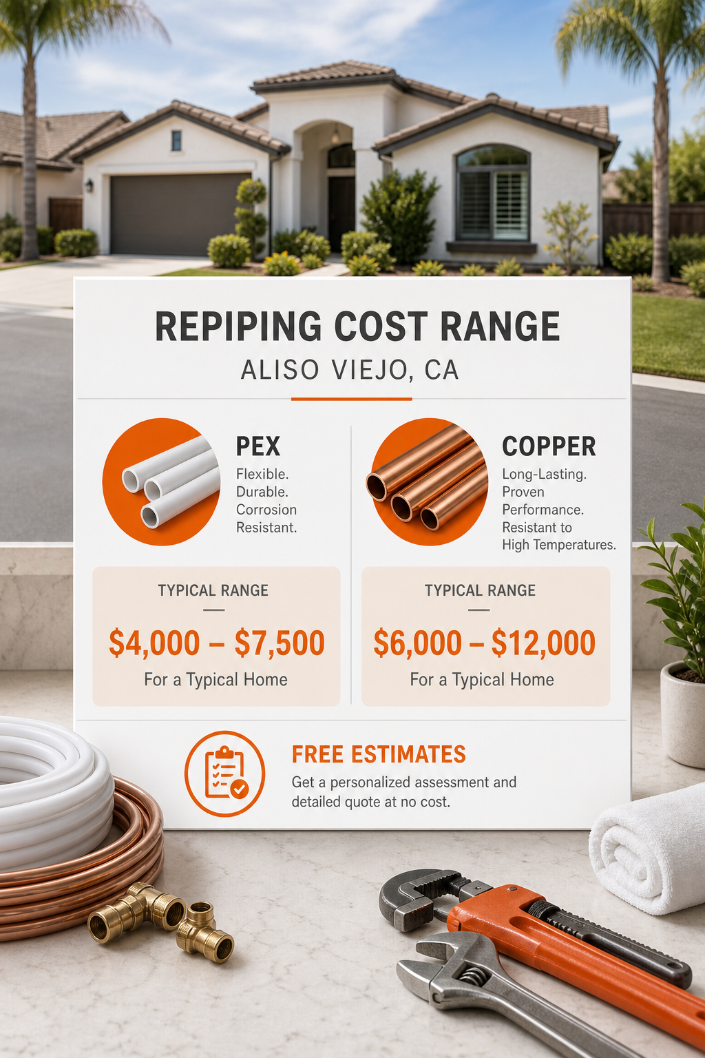 A clean infographic showing a price range for repiping a typical home, with icons for PEX and copper, and a note about free estimates. Alt: Cost comparison infographic for repiping in Aliso Viejo.