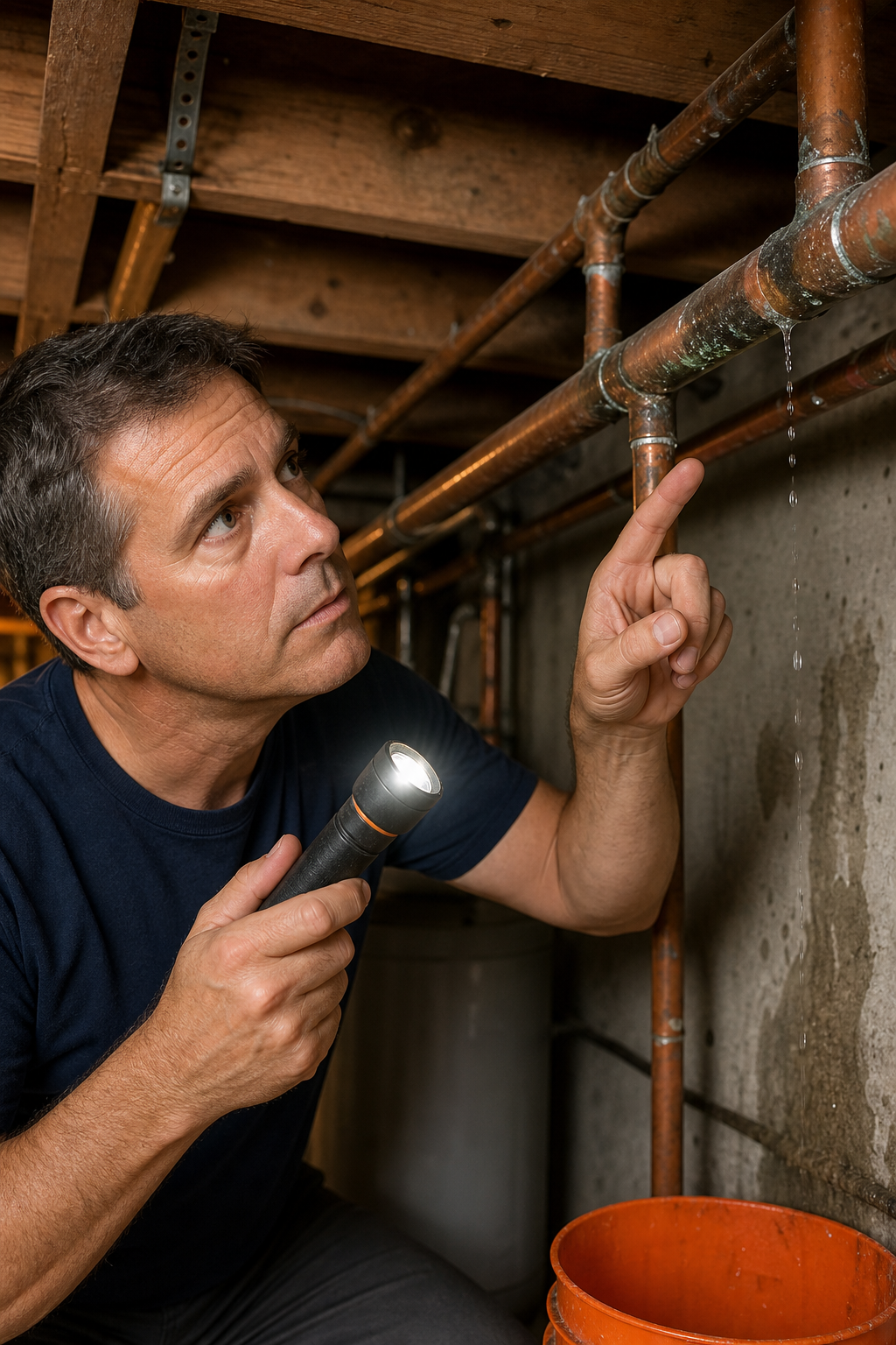 A realistic illustration of a homeowner inspecting old copper pipes in a Foothill Ranch basement, with water droplets and a faint leak visible. Alt: repipe Foothill Ranch inspection and pipe condition assessment