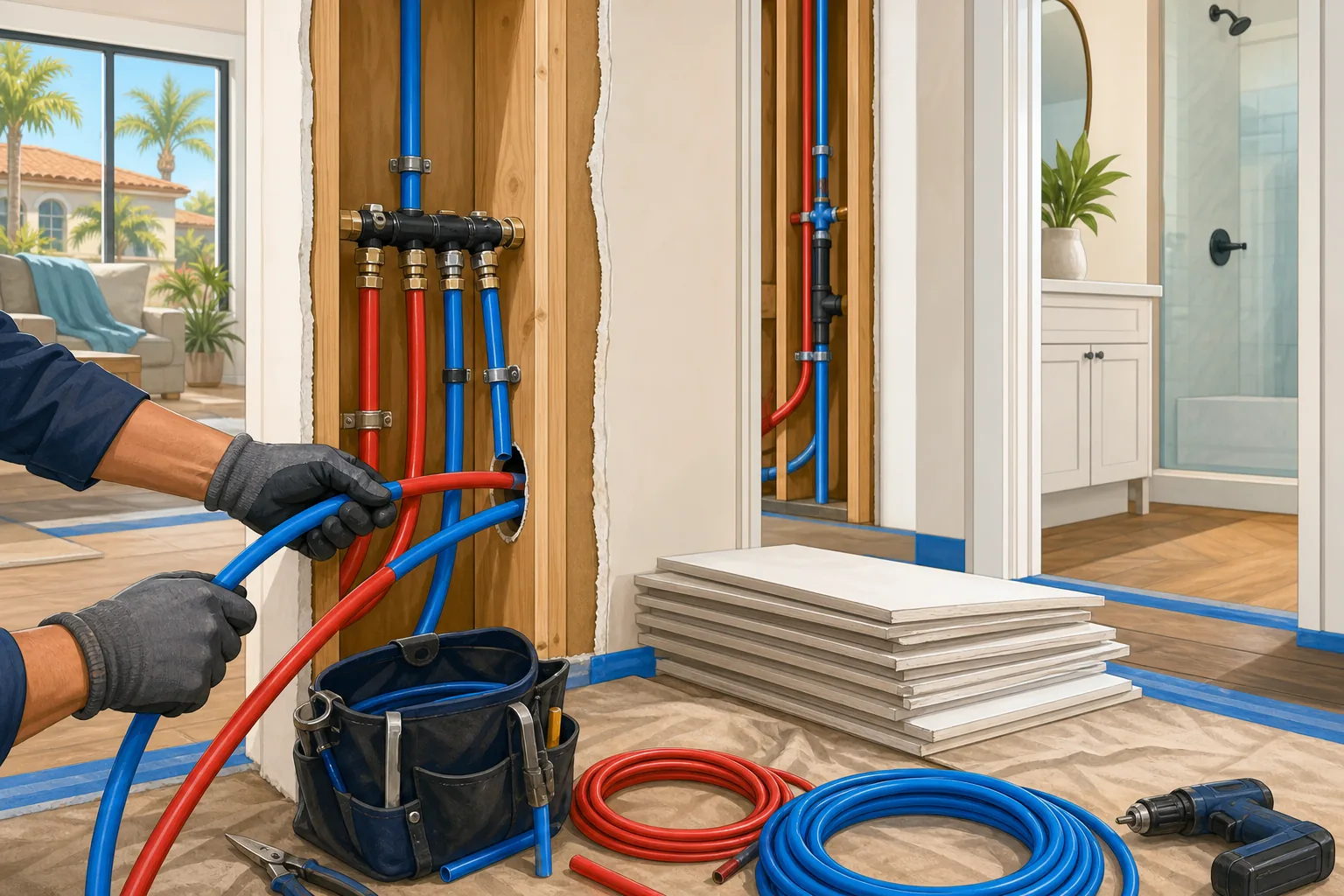 professional repipe plumber installing color-coded PEX water lines