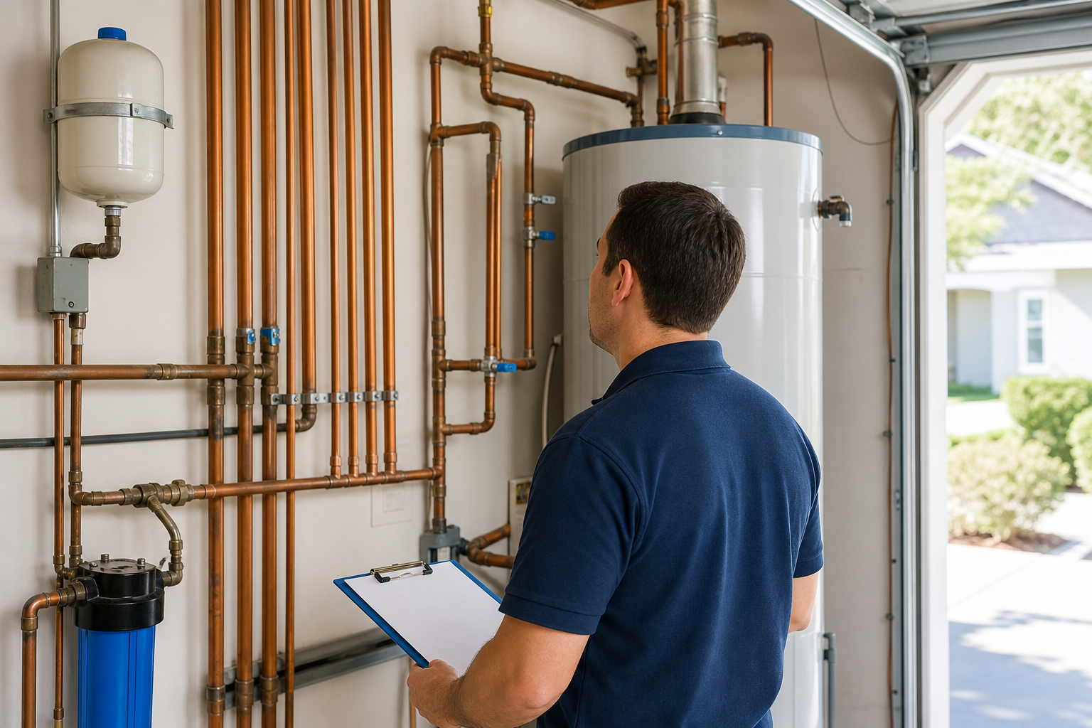 A realistic photo of an Orange County home's water heater and exposed copper pipes in a garage, with a homeowner inspecting them. Alt: Homeowner assessing old copper pipes for repiping needs.