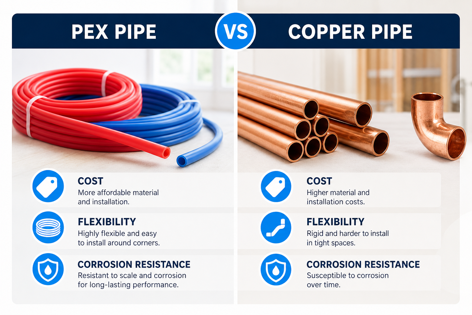 An illustration comparing PEX and copper pipes side by side with labels for cost, flexibility, and corrosion resistance. Alt: Comparison of PEX vs copper pipes for repiping cost estimate.